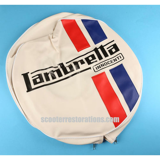 Spare Wheel Cover (10 inch) White with Red & Blue Stripes & Lambretta Innocenti Logo