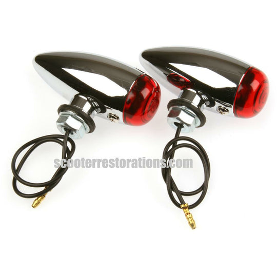 Chrome Mini Bullet Lights with Red Lens (a pair)