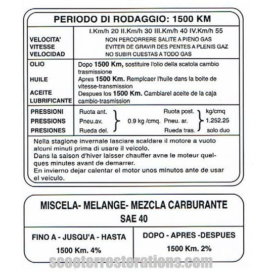 LI125/LI150 Legshield Running-in Transfer (Italian/Spanish/French Text) Casa Lambretta C 218