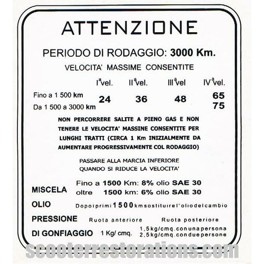 TV175 Series 1 Legshield Running-in Transfer (Italian Text) Casa Lambretta C 218/B