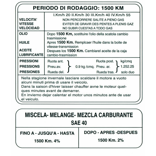TV175 Series 2 & 3 Legshield Running-in Transfer (Italian Spanish French Text) Casa Lambretta C 219