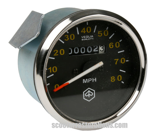 Vespa 80mph Speedometer (P125X P150X P200E LML) Stainless Rim